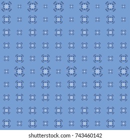 Blue ethnic design with traditional tribal motifs of crooked lines, triangles, squares, circles. Mayan ethnic symbol in winter colors, geometric pattern decor. Embroidery style winter clothes pattern.