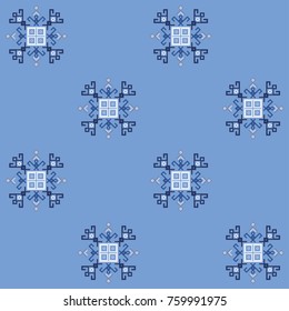 Blue ethnic design with traditional tribal motifs of crooked lines, triangles, squares, circles. Mayan ethnic symbol in winter colors, geometric pattern decor. Embroidery style winter clothes pattern.