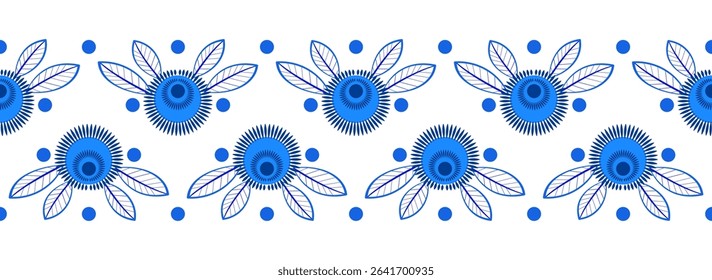 Blue ethnic floral seamless border. Shades of blue flowers and leaves on white background. Vintage modern plant background. Classic european decorative ornament