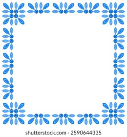 Blue ethnic floral square frame. Shades of blue flowers on white background. Design element in folklore style. Painted ceramic tiles. Square mosaic tile ornament.