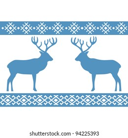 Blue ethnic nordic pattern with deer. Vector illustration.