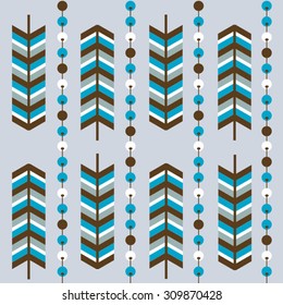 blue ethnic seamless geometric pattern with feathers