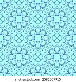 Blue ethnic seamless ornament. Fantasy ornate design shades of blue. Graceful fine lace of swirl. Delicate romantic pattern of round elements. Ornamental decor with hearts.