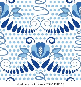 Blue ethnic seamless pattern with flowers and polka dots. Background for design in style of traditional porcelain painting. Floral backdrop for fabric, wallpaper or wrapping paper Vector illustration