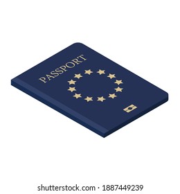 Blue eu passport cover isolated on white background isometric view. Passport icon. Traveling passport.