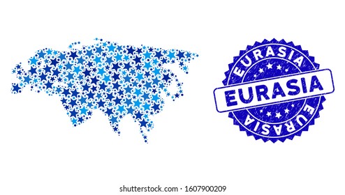 Blue Eurasia map collage of stars, and grunge round stamp. Abstract geographic scheme in blue shades. Vector Eurasia map is designed of blue stars. Designed for political and patriotic doctrines.