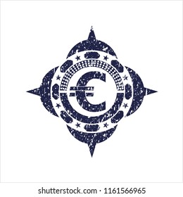 Blue euro icon inside distress rubber grunge texture stamp