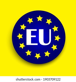 Botón de unión azul del euro en un fondo amarillo. El emblema de la Unión Europea. Símbolo de la UE. Imagen de archivo. EPS 10.