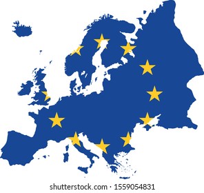 Blue European Map Of Europe With The Eu Stars In Yellow.