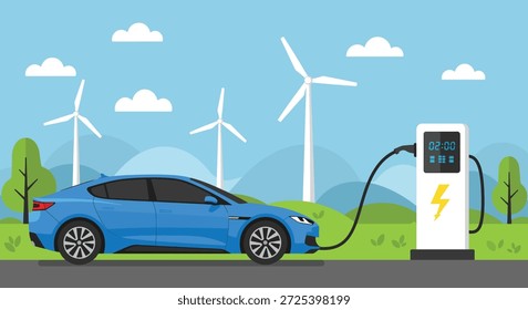 Blue EV carregando em uma estação com turbinas eólicas.