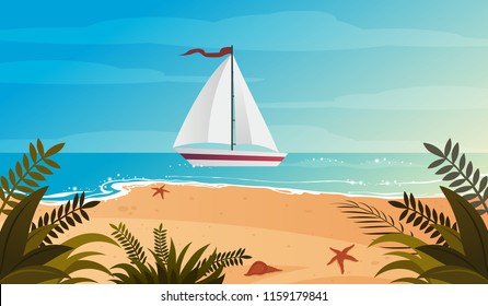 Blue evening tropical sea and beach landscape with luxury yacht vector illustration, sea sailing regatta background.