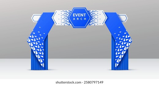 Blue event arch, realistic 3d vector exhibition entrance, modern arc gate with geometric triangular patterns and central hexagonal signage area. Entry for conferences, exhibitions, or corporate events