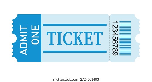 Blue Event Ticket Vector Illustration with Barcode. Admit One entry pass or raffle coupon design.