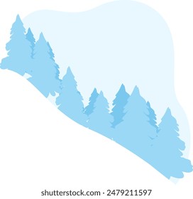 Blue evergreen trees hillside landscape. Blue coniferous forest winter scenery. Isolated white background winter forest nature scene