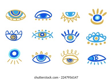 Ojo malvado azul. Elementos dibujados a mano en tonos azules y dorados. Signo del Boho mediterráneo. Ojos humanos griegos, aztecos. Magia, símbolo decorativo oculto. Ilustración vectorial de diseño moderno minimalista