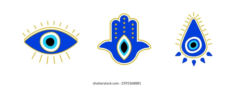 Blue evil eye symbols are shown, each with distinctive shapes and details representing protection.