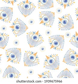 Blue evil eyes seamless pattern with yellow elements on white background. Graphic geometric magic esoteric print. Eye of providence. Vector illusrtation.