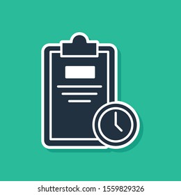 Blue Exam sheet with clock icon isolated on green background. Test paper, exam, or survey concept. School test or exam.  Vector Illustration