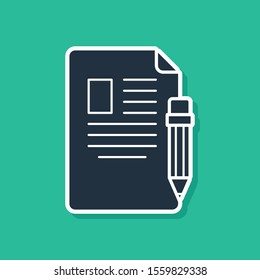 Blue Exam sheet and pencil with eraser icon isolated on green background. Test paper, exam, or survey concept. School test or exam.  Vector Illustration