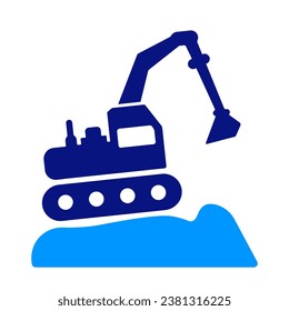 A blue excavator truck on a construction. In this image, we see a blue excavator situated on a white background. Site Work Contractor. Under construction, architecture, work, repair in progress. Build