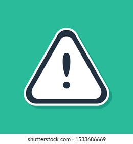 Blue Exclamation mark in triangle icon isolated on green background. Hazard warning sign, careful, attention, danger warning important sign.  Vector Illustration