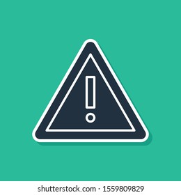 Blue Exclamation mark in triangle icon isolated on green background. Hazard warning sign, careful, attention, danger warning important sign.  Vector Illustration