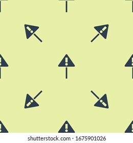 Blue Exclamation mark in triangle icon isolated seamless pattern on yellow background. Hazard warning sign, careful, attention, danger warning sign.  Vector Illustration