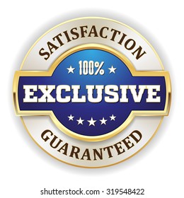 Blue exclusive badge with gold border on white background