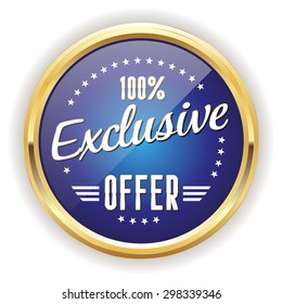 Blue exclusive offer button with gold border on white background