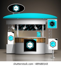 Blue exhibition stand design with central geometric element. Booth template. Corporate identity