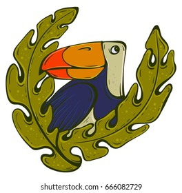 Blue exotic bird toucan in green leaves