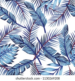 Blue exotic hojas de palmera tropical monstera patrón transparente fondo blanco