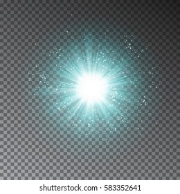 Blue explode effect. Glowing transparent light glitter isolated on dark background. Magic  sparkling. Realistic Vector Illustration.