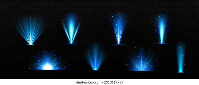 Blue explode glow with light ray and shine vector effect. Magic burst beam with flare and sparkle powder. Miracle night energy isolated glimmer png. Different illuminated festive glare explosion