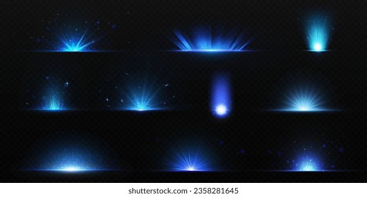 Blue explosion glow with bright light, rays and dust around flash with transparent effect. Realistic vector illustration set of magic energy glare with beams and sparkles. Star burst with radiance.