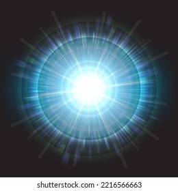 Blue explosion on dark background. Light burst background. Vector illustration.