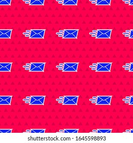 Blue Express envelope icon isolated seamless pattern on red background. Email message letter symbol.  Vector Illustration