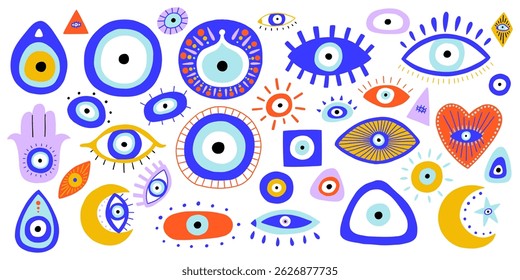 Blue Eye Greek Turkish Evil Set. Nazar Bead Icon Amulet Collection. Vector Doodle Illustration