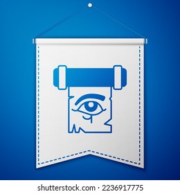 Ojo Azul de Horus sobre icono de desplazamiento del papiro aislado en fondo azul. Papel pergamino. Símbolo egipcio antiguo. Plantilla de inclinación blanca. Vector