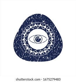 Blue eye icon inside distressed grunge style stamp