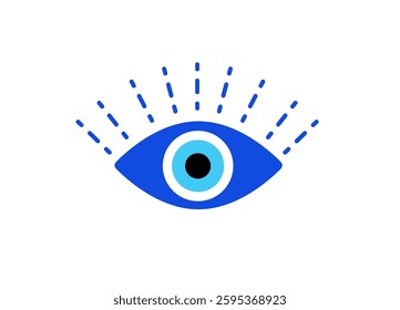 A blue eye icon with rays extending outward on a white background. A minimalist symbol of vision, focus, and awareness.