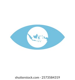 Blue eye illustration design with indonesia map implied in its pupil. Abstract illustration eye icon in flat style in yellow and white. Graphic design template elements