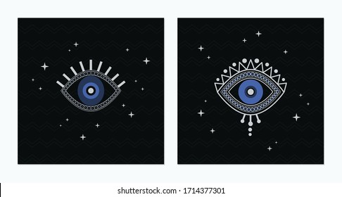 Blue Eye Isolated Icon, Occult Magic Night Illustration, Protection From Evil Eye Talisman, Set Of Turkish Evil Eye Images In Dark Background.