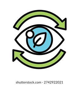 A blue eye with a leaf in the pupil surrounded by green arrows