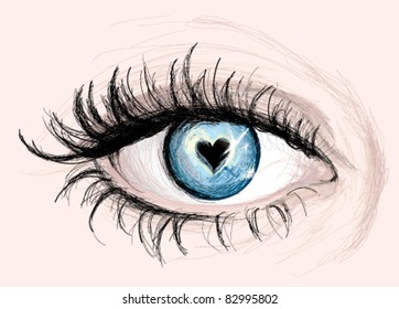 Blue EYE with pupil like Heart / Vector Sketch