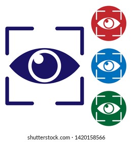 Blue Eye scan icon isolated on white background. Scanning eye. Security check symbol. Cyber eye sign. Set color icon in circle buttons. Vector Illustration