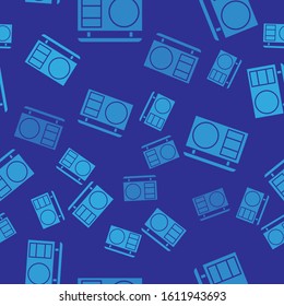 Blue Eye shadow palette with brush icon isolated seamless pattern on blue background.  Vector Illustration