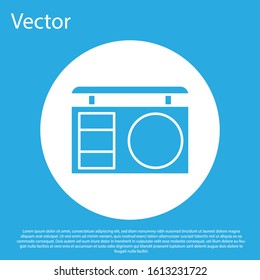 Blue Eye shadow palette with brush icon isolated on blue background. White circle button. Vector Illustration