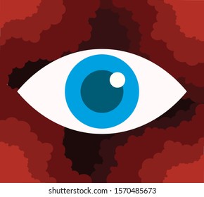 blue eye in space and clouds. all-seeing eye. Flat simple vector illustration.