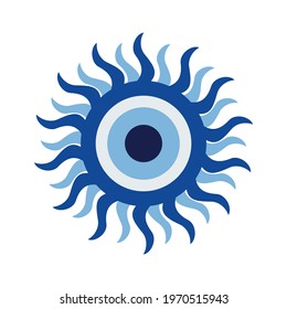 Blue eye. Turkish amulet against the evil eye. Guardian Nazar. An attribute of traditional magic. The blue sphere with rays looks like the sun. Vector graphics.